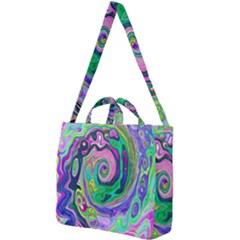 Groovy Abstract Aqua And Navy Lava Liquid Swirl Square Shoulder Tote Bag by myrubiogarden