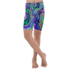 Groovy Abstract Aqua And Navy Lava Liquid Swirl Kids  Lightweight Velour Cropped Yoga Leggings