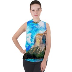 Painting Paintings Mountain Mock Neck Chiffon Sleeveless Top