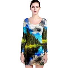 Color Lake Mountain Painting Long Sleeve Bodycon Dress by Pakrebo