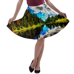 Color Lake Mountain Painting A-line Skater Skirt by Pakrebo