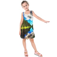 Color Lake Mountain Painting Kids  Sleeveless Dress by Pakrebo