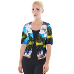 Color Lake Mountain Painting Cropped Button Cardigan by Pakrebo