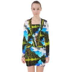 Color Lake Mountain Painting V-neck Bodycon Long Sleeve Dress by Pakrebo