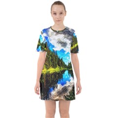 Color Lake Mountain Painting Sixties Short Sleeve Mini Dress by Pakrebo