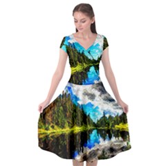 Color Lake Mountain Painting Cap Sleeve Wrap Front Dress by Pakrebo