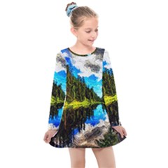 Color Lake Mountain Painting Kids  Long Sleeve Dress by Pakrebo