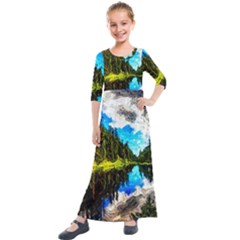 Color Lake Mountain Painting Kids  Quarter Sleeve Maxi Dress by Pakrebo