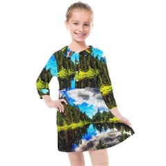 Color Lake Mountain Painting Kids  Quarter Sleeve Shirt Dress by Pakrebo