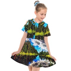 Color Lake Mountain Painting Kids  Short Sleeve Shirt Dress by Pakrebo