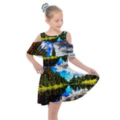 Color Lake Mountain Painting Kids  Shoulder Cutout Chiffon Dress by Pakrebo