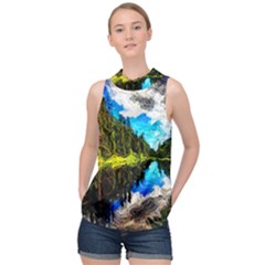 Color Lake Mountain Painting High Neck Satin Top