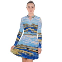 The Landscape Water Blue Painting Long Sleeve Panel Dress by Pakrebo