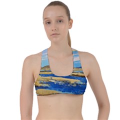 The Landscape Water Blue Painting Criss Cross Racerback Sports Bra by Pakrebo