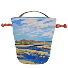 The Landscape Water Blue Painting Drawstring Bucket Bag by Pakrebo