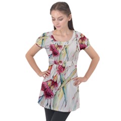 Plant Nature Flowers Foliage Puff Sleeve Tunic Top