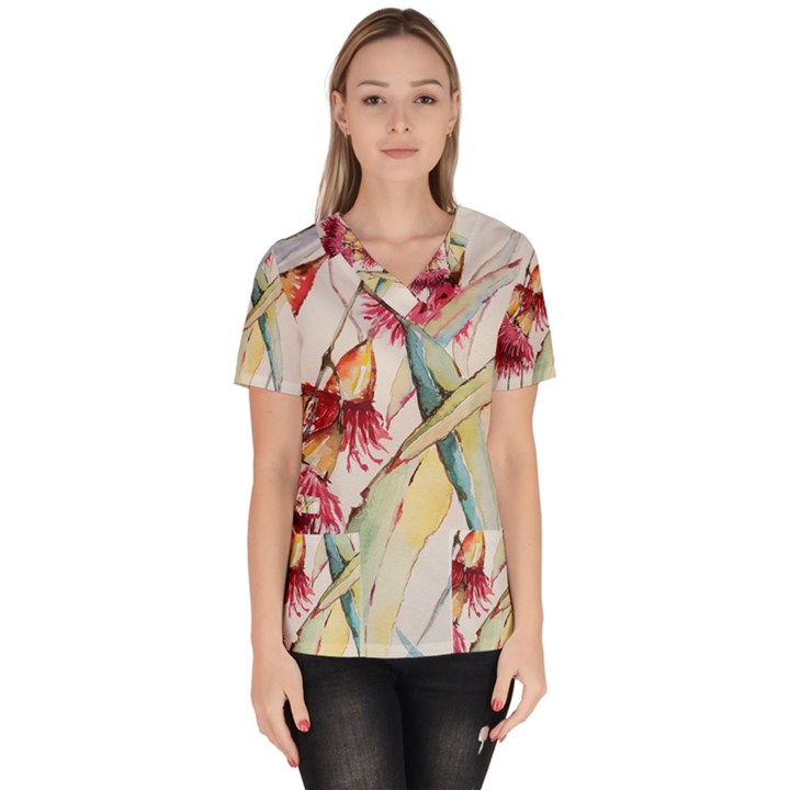 Plant Nature Flowers Foliage Women s V-Neck Scrub Top