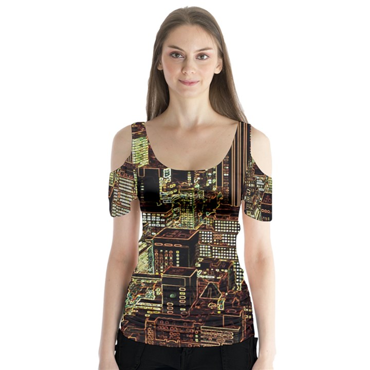 New York City Skyscrapers Butterfly Sleeve Cutout Tee 