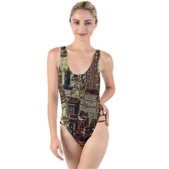 New York City Skyscrapers High Leg Strappy Swimsuit by Pakrebo