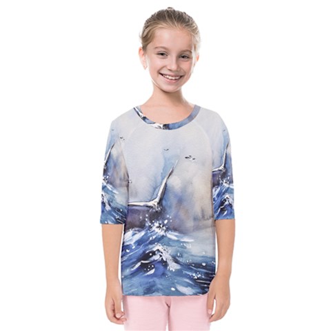 Art Painting Sea Storm Seagull Kids  Quarter Sleeve Raglan Tee by Pakrebo