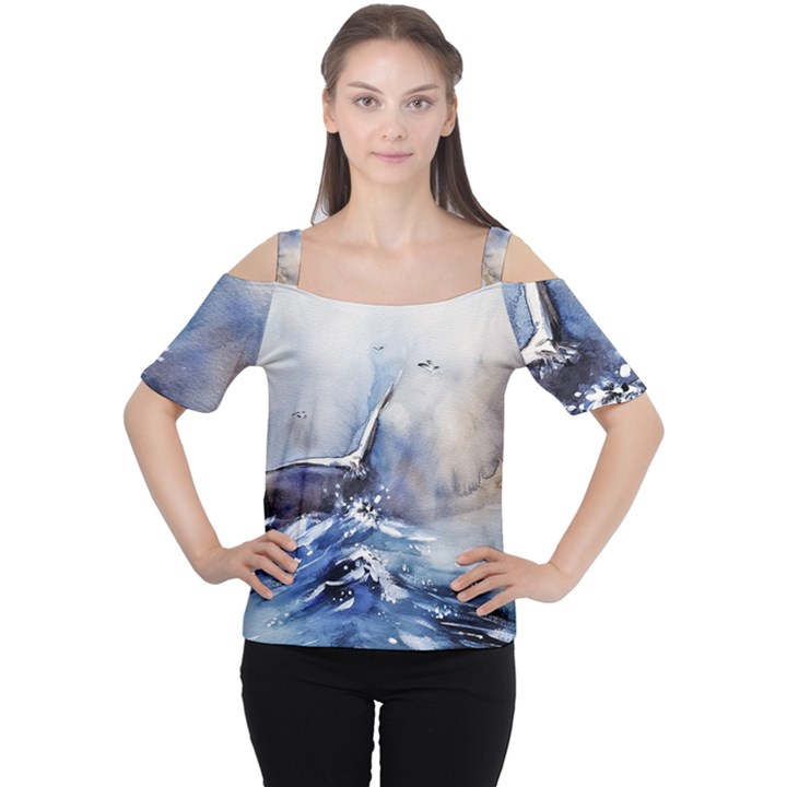 Art Painting Sea Storm Seagull Cutout Shoulder Tee