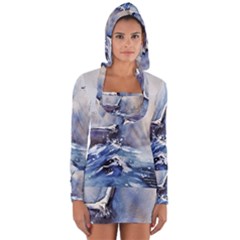 Art Painting Sea Storm Seagull Long Sleeve Hooded T-shirt by Pakrebo