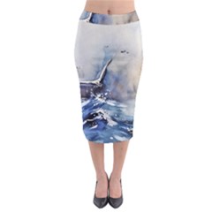 Art Painting Sea Storm Seagull Midi Pencil Skirt by Pakrebo