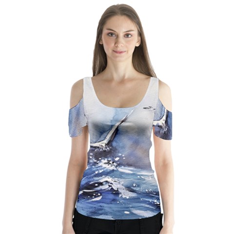 Art Painting Sea Storm Seagull Butterfly Sleeve Cutout Tee  by Pakrebo