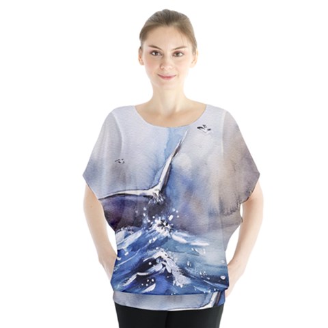 Art Painting Sea Storm Seagull Batwing Chiffon Blouse by Pakrebo