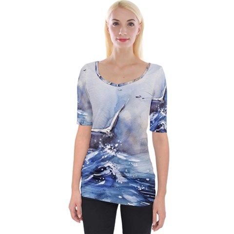 Art Painting Sea Storm Seagull Wide Neckline Tee by Pakrebo