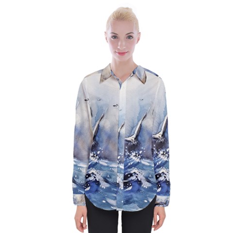 Art Painting Sea Storm Seagull Womens Long Sleeve Shirt by Pakrebo