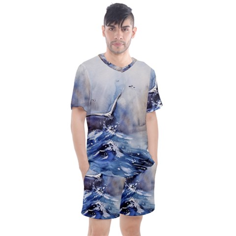 Art Painting Sea Storm Seagull Men s Mesh Tee And Shorts Set by Pakrebo