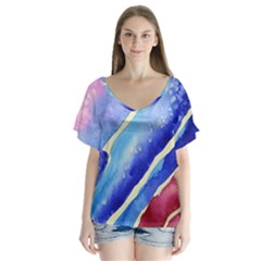 Painting Abstract Blue Pink Spots V-neck Flutter Sleeve Top by Pakrebo