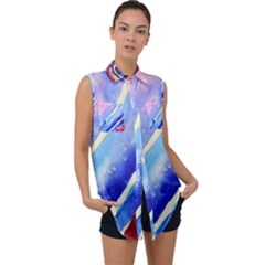 Painting Abstract Blue Pink Spots Sleeveless Chiffon Button Shirt