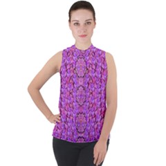 Paradise Blossom Tree On The Mountain High Mock Neck Chiffon Sleeveless Top