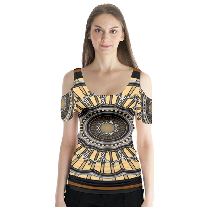 Mandala Pattern Round Ethnic Butterfly Sleeve Cutout Tee 