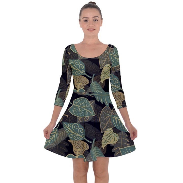 Autumn Fallen Leaves Dried Leaves Quarter Sleeve Skater Dress