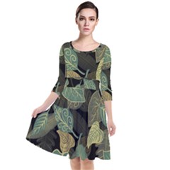 Autumn Fallen Leaves Dried Leaves Quarter Sleeve Waist Band Dress by Pakrebo