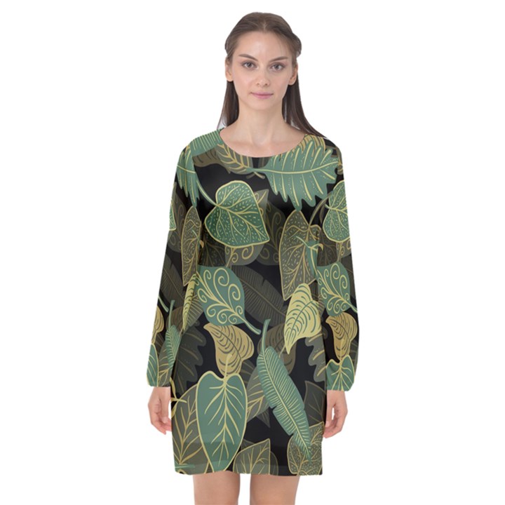 Autumn Fallen Leaves Dried Leaves Long Sleeve Chiffon Shift Dress 