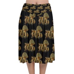 Dragon Motif Print Pattern Velvet Flared Midi Skirt