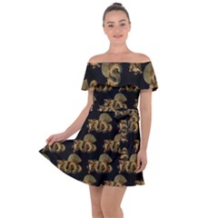 Dragon Motif Print Pattern Off Shoulder Velour Dress