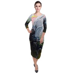 Art Abstract Painting Quarter Sleeve Midi Velour Bodycon Dress