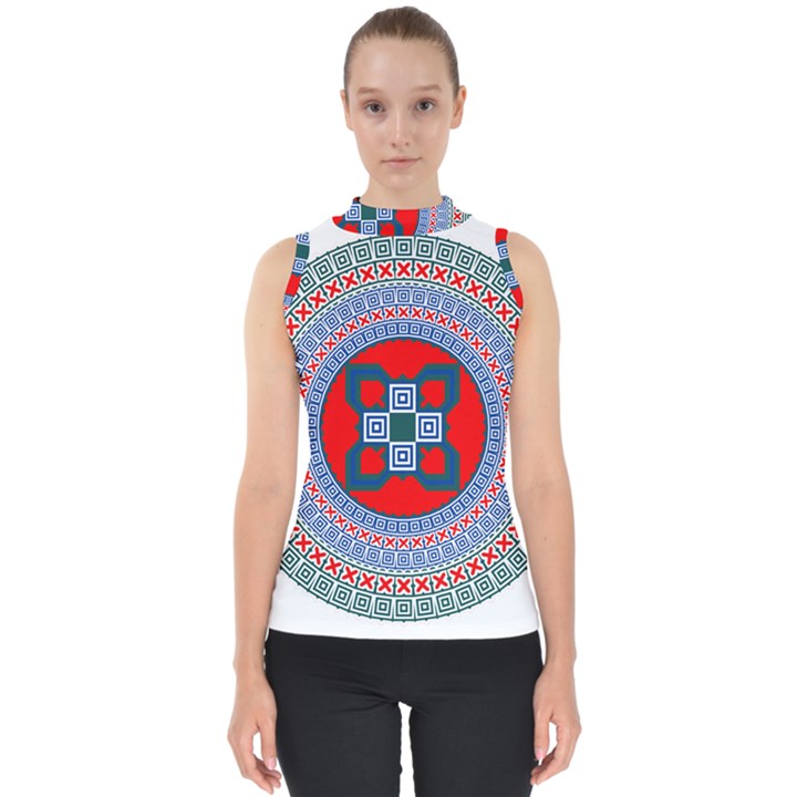 Design Circular Aztec Symbol Mock Neck Shell Top