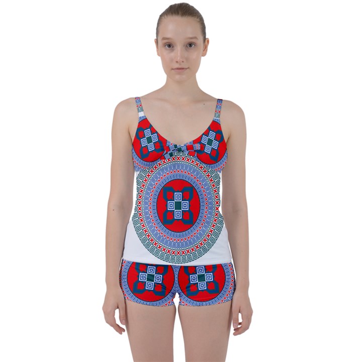 Design Circular Aztec Symbol Tie Front Two Piece Tankini