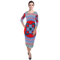 Design Circular Aztec Symbol Quarter Sleeve Midi Velour Bodycon Dress