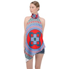 Design Circular Aztec Symbol Halter Asymmetric Satin Top