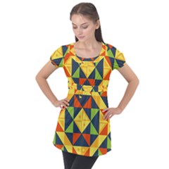 Background Geometric Color Puff Sleeve Tunic Top