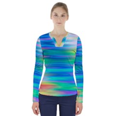 Wave Rainbow Bright Texture V-neck Long Sleeve Top by Pakrebo