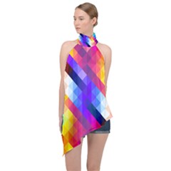 Abstract Background Colorful Pattern Halter Asymmetric Satin Top