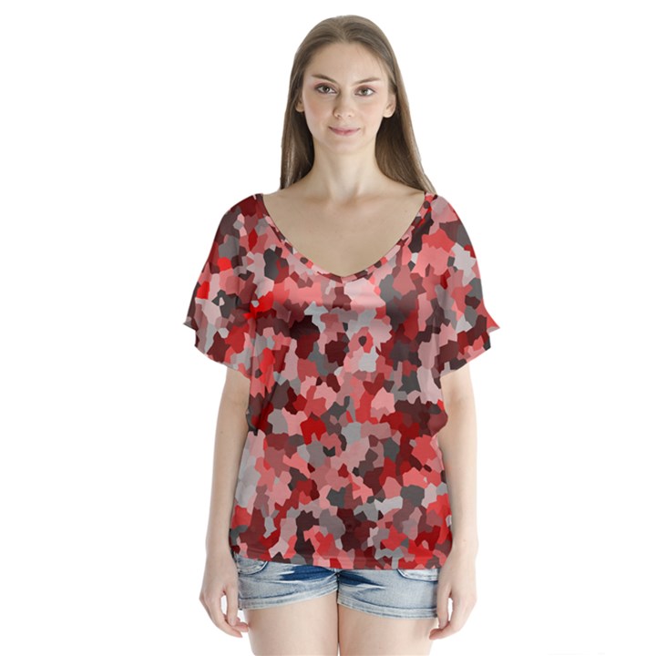 Black red  V-Neck Flutter Sleeve Top